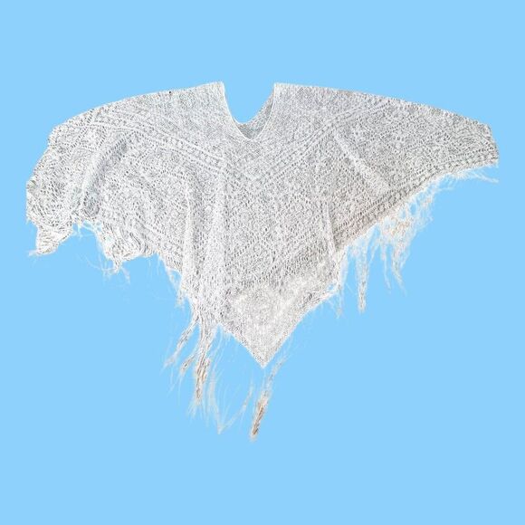 Handcrafted White Crochet Lace Shawl Wrap w Fringe Cape Sweater Overlay One Size - Picture 3 of 8